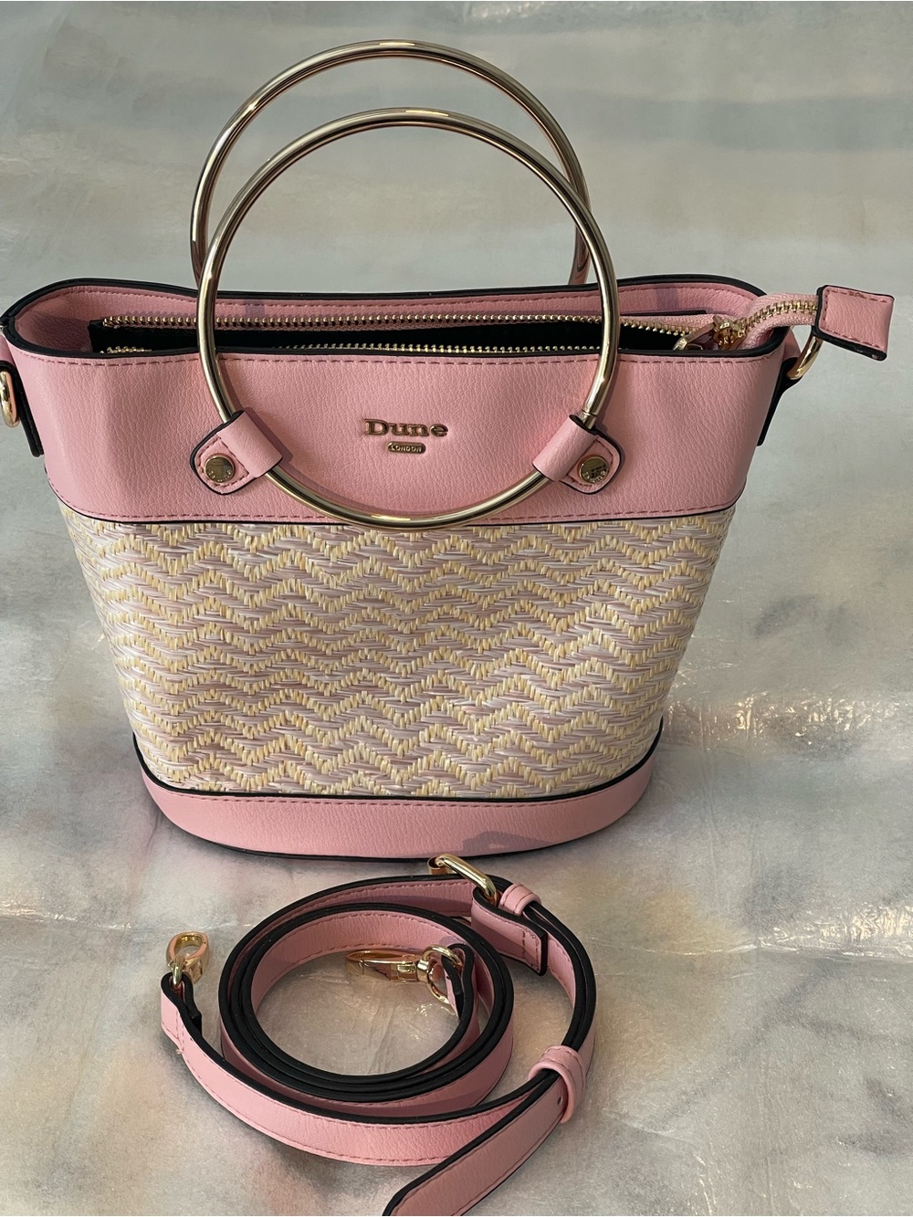 Dune Pink Woven Crossbody Bucket Bag with Gold Ring Handles